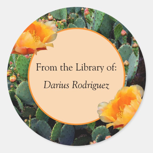 Pegatina Redonda Naranja Pricky Pear Cactus Design Bookplate