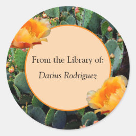 Pegatina Redonda Naranja Pricky Pear Cactus Design Bookplate