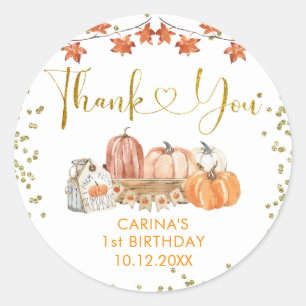 Pegatina Redonda Naranja Pumpkin Patch Autumday cumpleaños Gracias