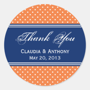 Pegatina Redonda Naranja, Punto de Polka Blanco con Azul Real