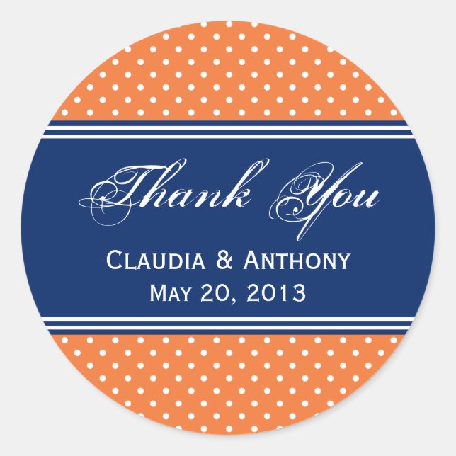 Pegatina Redonda Naranja, Punto de Polka Blanco con Azul Real (Anverso)