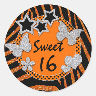 Pegatina Redonda Naranja Purpurina Black Silver FAUX Sweet 16 Pega
