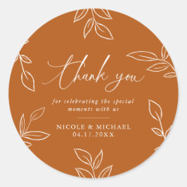 Pegatina Redonda Naranja quemado elegante hojas Boda Gracias