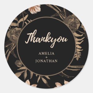 Pegatina Redonda Naranja quemado negro terracota floral otoño boda