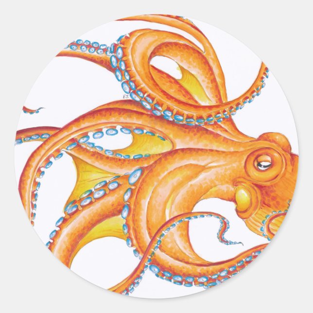 Pegatina Redonda Naranja Red Kraken Octopus Danza de Arte Tinta (Anverso)