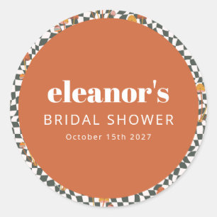Pegatina Redonda Naranja Retro Checker Champiñón Ducha Nupcial Pers