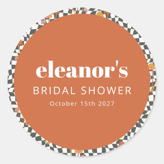 Pegatina Redonda Naranja Retro Checker Champiñón Ducha Nupcial Pers (Anverso)