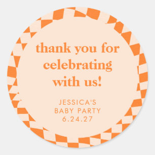 Pegatina Redonda Naranja Retro - Cheques Baby Shower Gracias