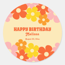 Pegatina Redonda Naranja retro colorido Boho Flor Feliz cumpleaños