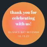Pegatina Redonda Naranja Retro Gradiente Bat Mitzvah Personalizado<br><div class="desc">Añada un toque de vibrante estilo a su celebración con estos Pegatinas del Naranja Personalizable Gradient Bat Mitzvah, perfecto para agradecer a los huéspedes con un toque moderno y audaz. Con un brillante fondo de degradado naranja y una elegante tipografía blanca, estos pegatinas son ideales para sellar bolsos de bienvenida,...</div>
