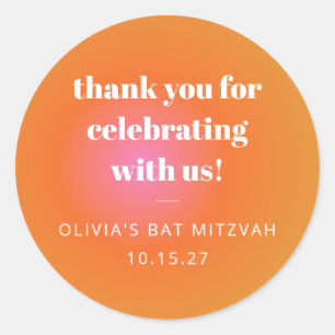 Pegatina Redonda Naranja Retro Gradiente Bat Mitzvah Personalizado