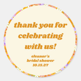 Pegatina Redonda Naranja Retro Personalizado Floral Ducha Bridal Gr