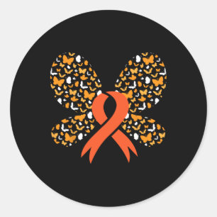 Pegatina Redonda Naranja Ribbon Mariposa Leucemia Awareness Survivo