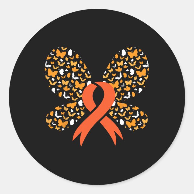 Pegatina Redonda Naranja Ribbon Mariposa Leucemia Awareness Survivo (Anverso)