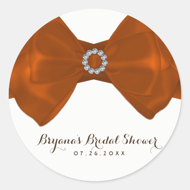 Pegatina Redonda Naranja Ribbon y Diamonds Bridal Shower Elegante (Anverso)