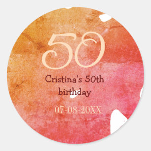 Pegatina Redonda Naranja rojo 50 cumpleaños fecha de añadir nombre