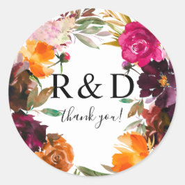 Pegatina Redonda Naranja, rosa caliente y morado floral monograma 3