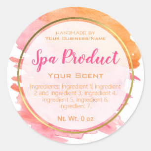 Pegatina Redonda Naranja Rosa Dorado Acuarela Baño Spa Y Bañera