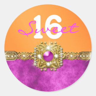 Pegatina Redonda naranja rosa "dulce dieciséis" de 16 años