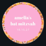 Pegatina Redonda Naranja rosa floral cúter retro Bat Mitzvah Person<br><div class="desc">¡Añade un toque de diversión personalizado a tu celebración con estos vibrantes pegatinas personalizados! Estos pegatinas, que cuentan con un divertido centro rosa rodeado por un retro borde floral y geométrico en cálidos tonos naranja, amarillo y marrón, son perfectos para un Bat Mitzvah o cualquier evento especial. Resaltando el nombre...</div>