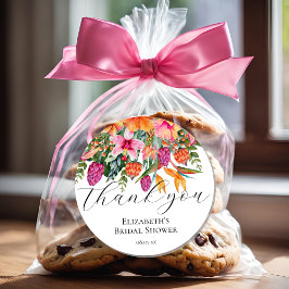 Pegatina Redonda Naranja Rosa Flores Tropicales Script Gracias