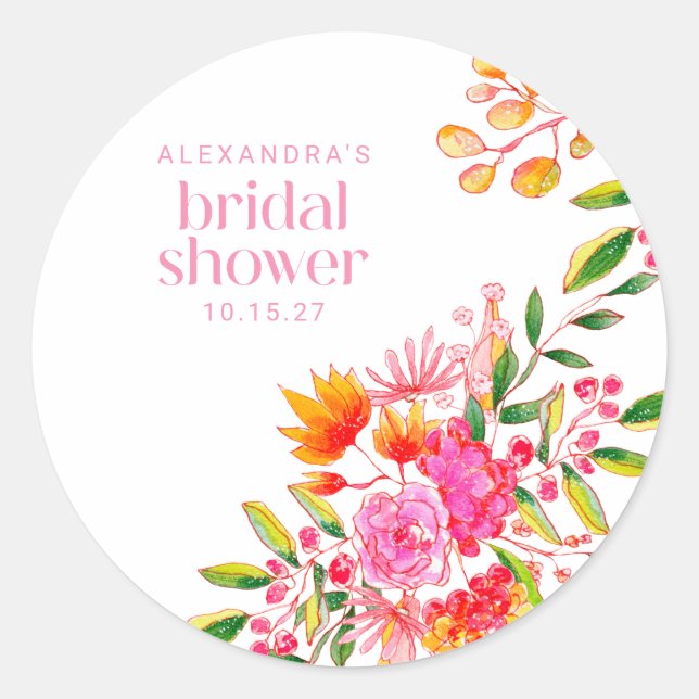 Pegatina Redonda Naranja rosa moderno acuarela Floral Bridal Shower (Anverso)