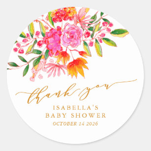 Pegatina Redonda Naranja Rosa Personalizado Floral Baby Shower Grac