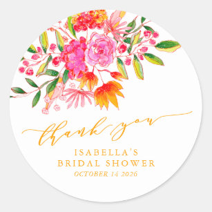 Pegatina Redonda Naranja Rosa Personalizado Floral Bridal Shower Gr
