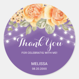 Pegatina Redonda Naranja Rosa String Lights Purple Birthday Gracias