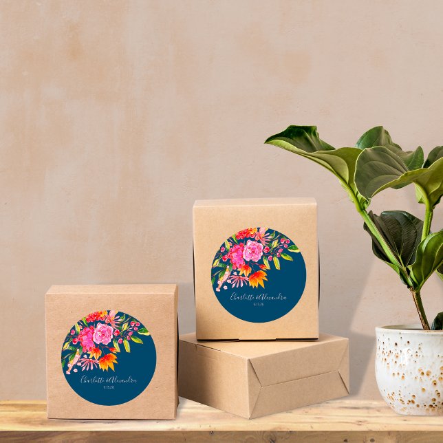 Pegatina Redonda Naranja rosa verde azulado acuarela Floral matrimo (Subido por el creador)