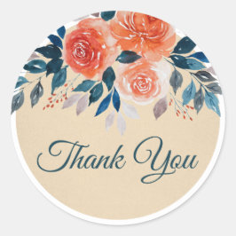 Pegatina Redonda Naranja Rosas de acuarela Boda Gracias