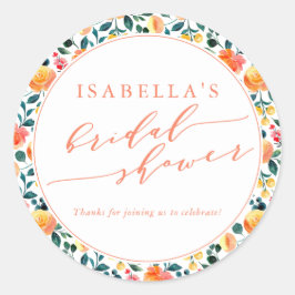 Pegatina Redonda Naranja ruso acuarela Floral Bridal Shower