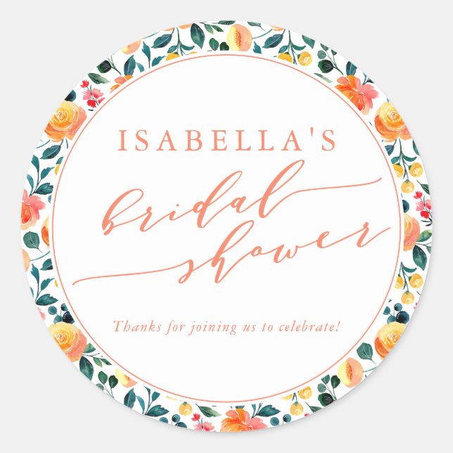 Pegatina Redonda Naranja ruso acuarela Floral Bridal Shower (Anverso)