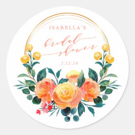 Pegatina Redonda Naranja ruso acuarela Floral Bridal Shower