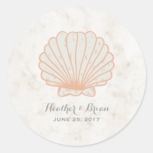 Pegatina Redonda Naranja Rustic Seashell Boda (Anverso)