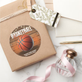 Pegatina Redonda Naranja Rústico Baloncesto Baby Shower