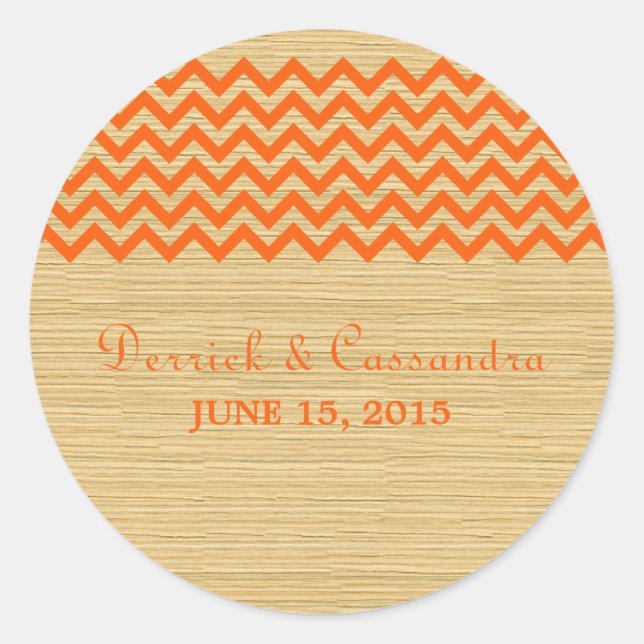 Pegatina Redonda Naranja Rústico Chevron Wedding Stickers (Anverso)
