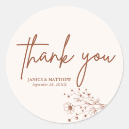 Pegatina Redonda Naranja Rústico Quemado Elegante Boho Gracias Boda