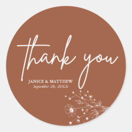 Pegatina Redonda Naranja Rústico Quemado Elegante Boho Gracias Boda