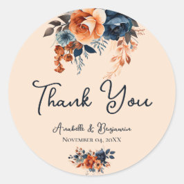 Pegatina Redonda Naranja Rústico Quemado y Boda Azul