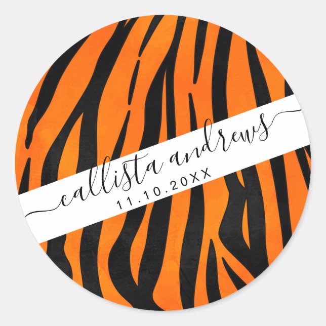 Pegatina Redonda Naranja salvaje tigre negro tira de tinta animal (Anverso)
