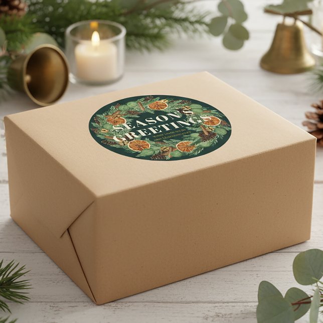 Pegatina Redonda Naranja seco de pino rústico Wreath vacaciones ver (Subido por el creador)