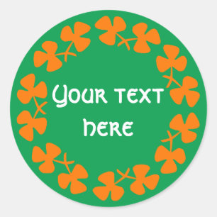 Pegatina Redonda Naranja Shamrock Border Add Text