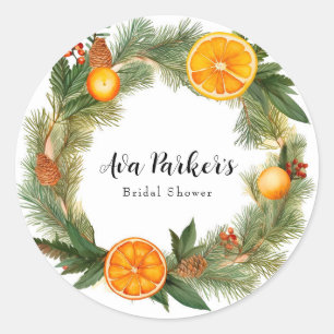 Pegatina Redonda Naranja Slice Green Pine Needles Bridal Shower