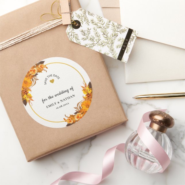 Pegatina Redonda Naranja Sunflower Boda De Otoño Guardar La Fecha (Regalar)