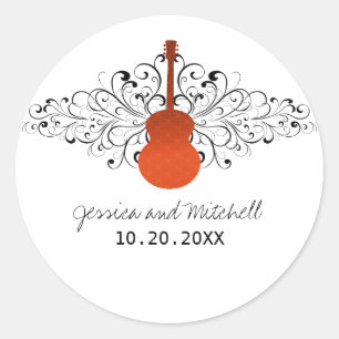 Pegatina Redonda Naranja Swirls Guitar Wedding Stickers