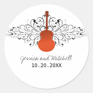 Pegatina Redonda Naranja Swirls Guitar Wedding Stickers