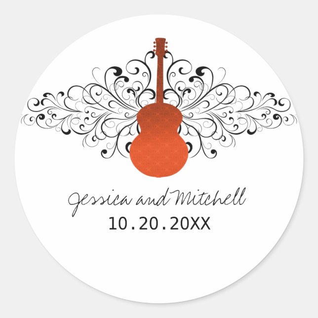 Pegatina Redonda Naranja Swirls Guitar Wedding Stickers (Anverso)