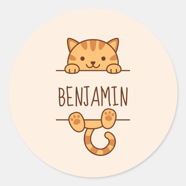 Pegatina Redonda Naranja Tabby Cat Buscar detrás del nombre persona (Anverso)