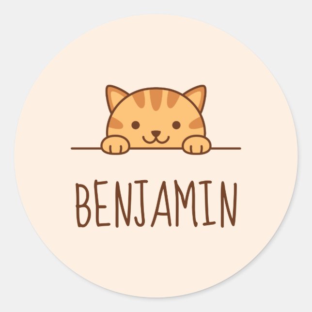 Pegatina Redonda Naranja Tabby Cat Buscar por encima del nombre per (Anverso)